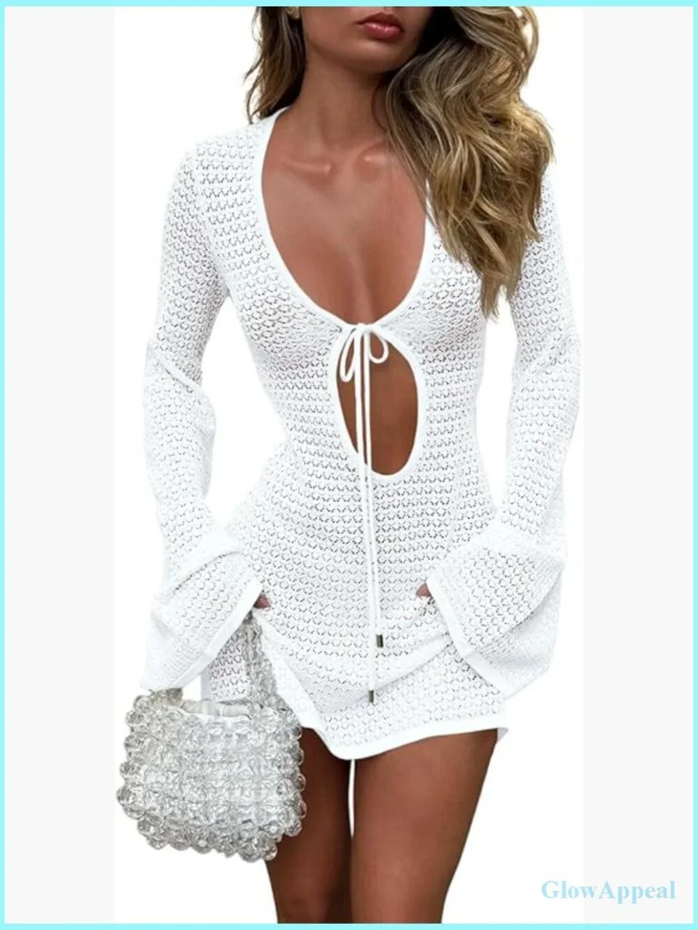 Crochet Knit V-Neck Bell Sleeve Beach Cover Up Dress
